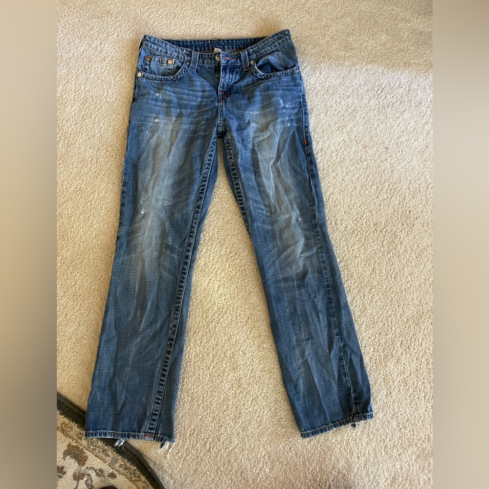 Men’s True Religion jeans, size 20, worn at back bottom of legs, blue